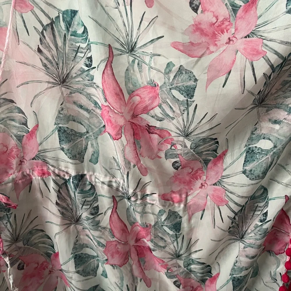 Tropical Floral Kimono/coverup with Pom Pom fringe